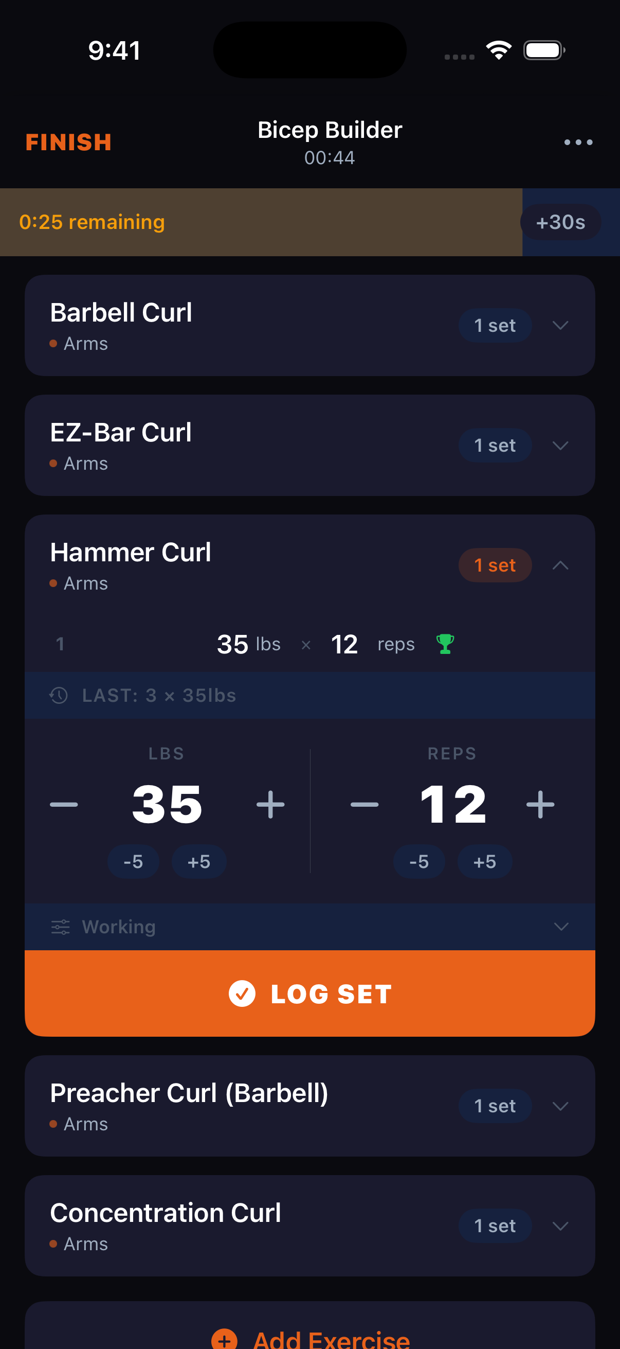 Iron Log Workout Screen